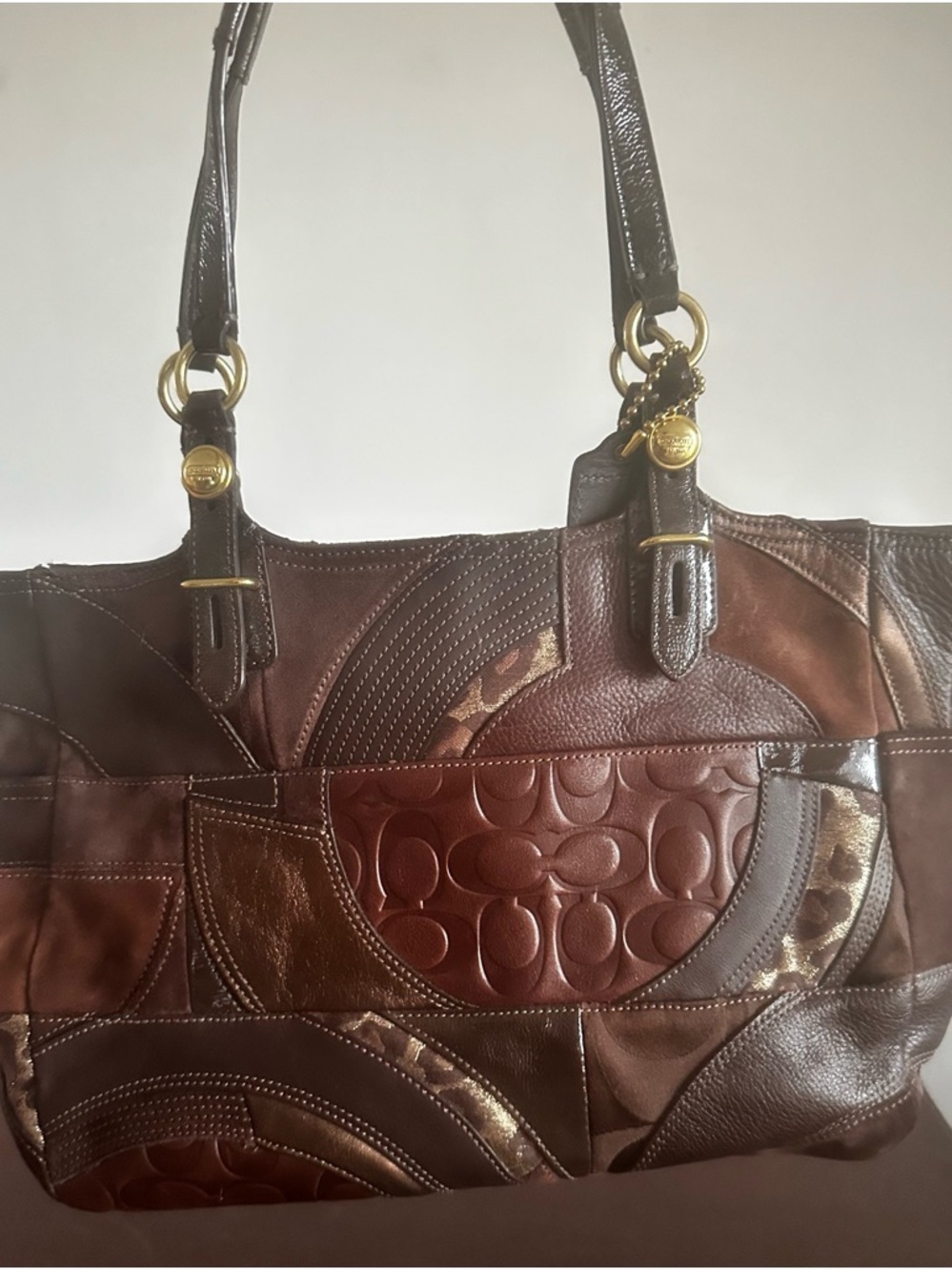 Coach Brown Patchwork Leather Shoulder Bag with Gold Hardware